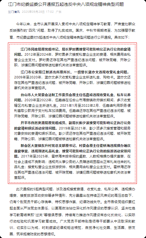 江门市纪委监委公开通报五起违反中央八项规定精神典型问题