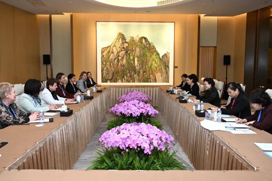 黄晓薇与出席全球妇女峰会的多国嘉宾亲切交流